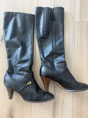 Black Leather Mid-Calf Heeled Boots with Buckle Detail